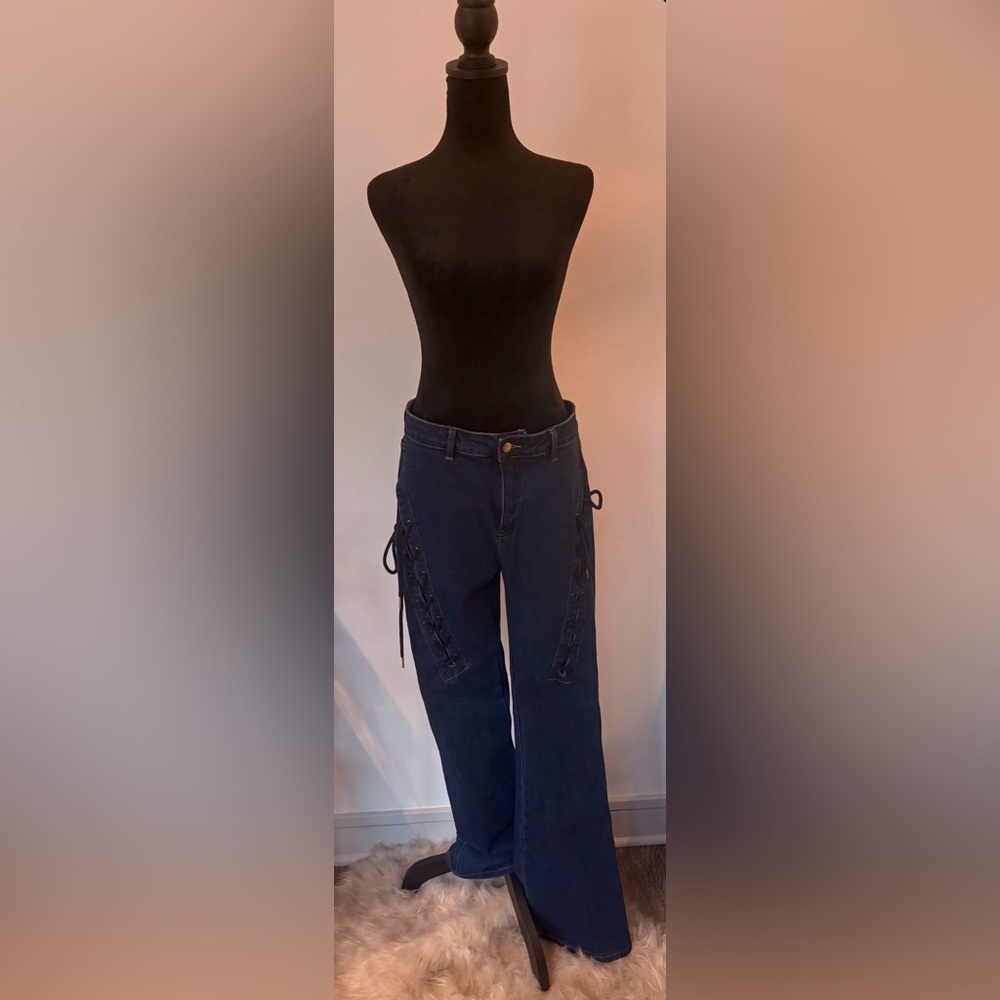 NWT - Fashion Nova Lace-Up Flare Jeans | Dark Wash High-Rise Denim - Picture 6 of 8